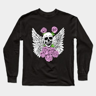 Skull, Wings & Roses, Grunge Rocker Art Long Sleeve T-Shirt